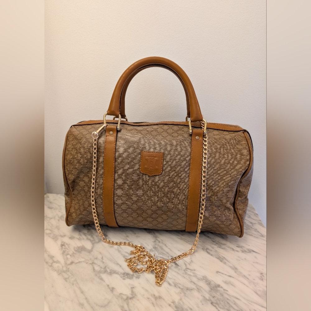 Vintage Celine Macadam Boston Satchel Brown Tan Leather